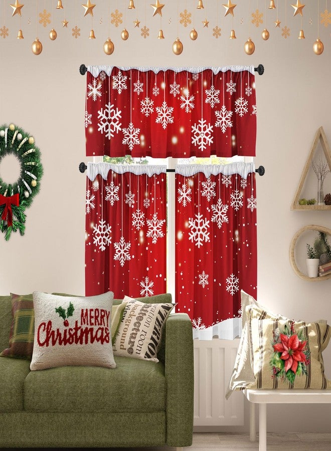 Deztibos Christmas Kitchen Curtains and Valances Set of 3 - Red Snowflake Decor, Winter Xmas Short Curtain Set for Bedroom Holiday Decor 52x18Inch，26x36 Inch - Image 3